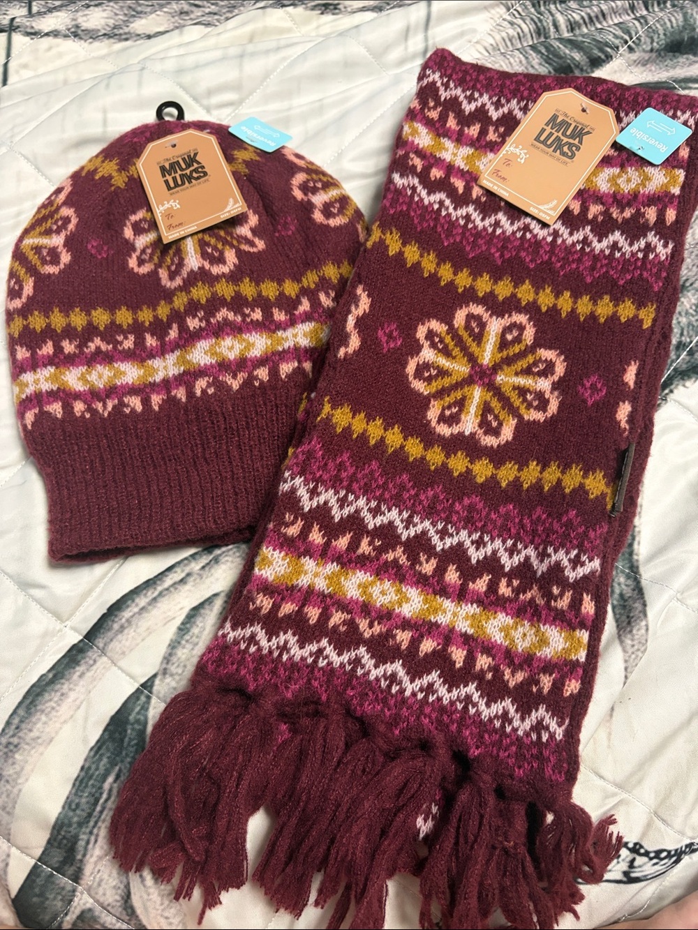 Muk Luks Burgundy Fair Isle Knit Hat and Scarf Set